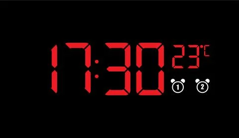 Red digital clock glowing with time temperature and alarms on dark background Stock Illustration