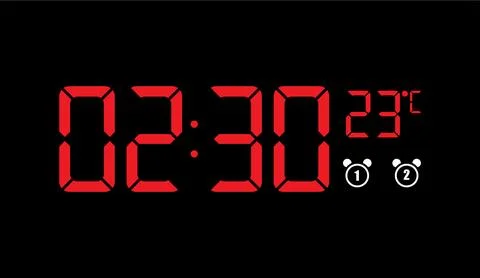 Red digital clock glowing with time and temperature display against a dark Иллюстрация