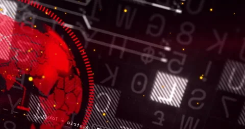 Red digital globe and numbers animation over abstract technological background Stock Footage 303739964