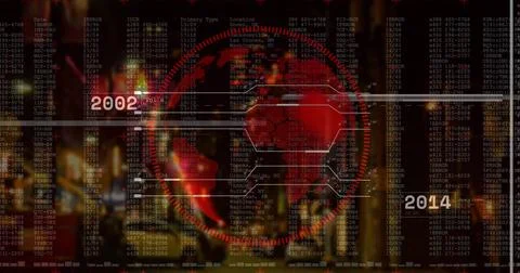 Red digital globe rotating in HUD interface, with hexagonal panels error codes Stock Illustration