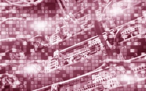 Red Digital matrix binary code mainframe server room computing communication Stock Illustration