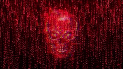 Red Digital Matrix Skull with Falling Code Rain and Glitch Effect Stock Footage 337879898