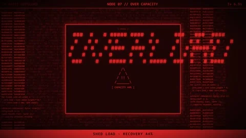 Red Digital Overload Warning Screen with Glitch Code and Capacity Alert. Видео 347453773