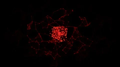 Red digital plexus clusters glowing on a black background Stock Footage 345630799