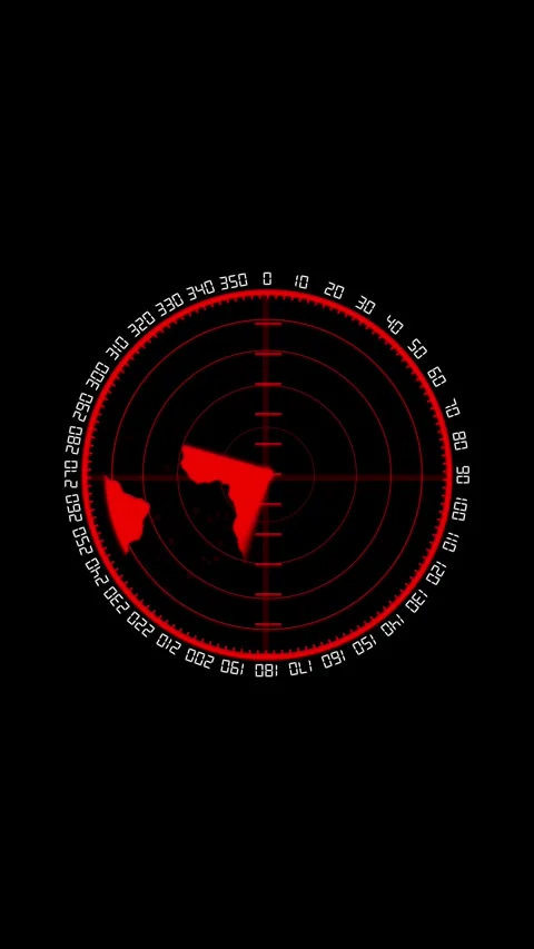 Red Digital Radar Screen Showing Earth Map with Azimuthal Scale and Crossha.. Stock Footage 337459405