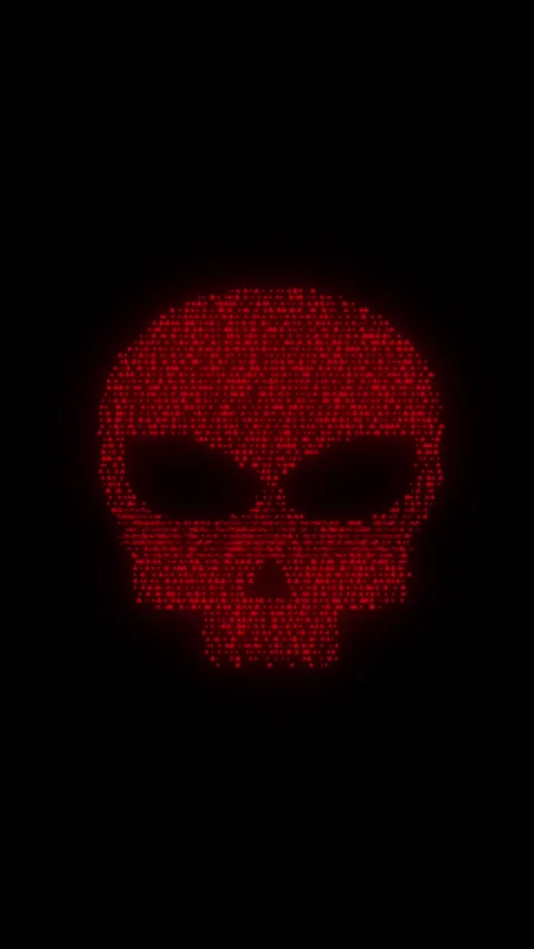 Red digital skull warning glowing triangle pixels, black space, and dark cyber d Stock Footage 340555688