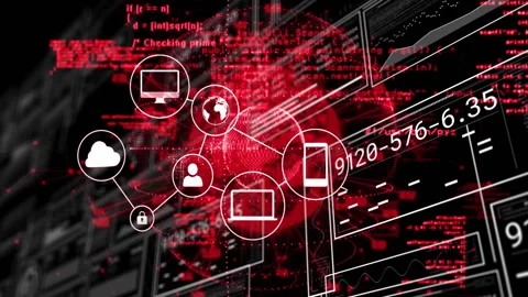 Red digital sphere emerging on dark code, activating cloud, device icons linking Stock Footage 311506156