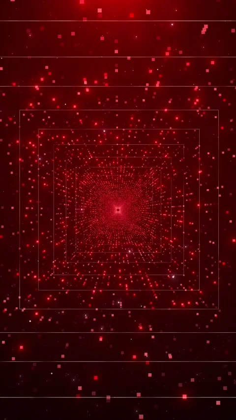 Red digital square tunnel background layered frames, flying pixels, and intense Stock Footage 340421044