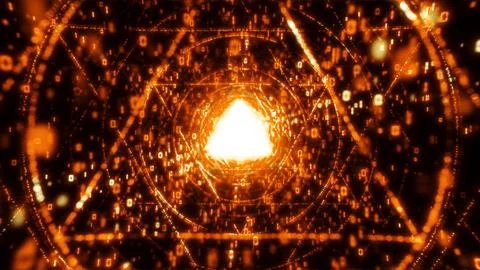 Red Digital Tunnel with Binary Code, Warning Triangles, Cybersecurity Threat Stock Illustration