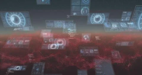 Red digital wave against multiple round scanners and data processing on blue Stockillustratie