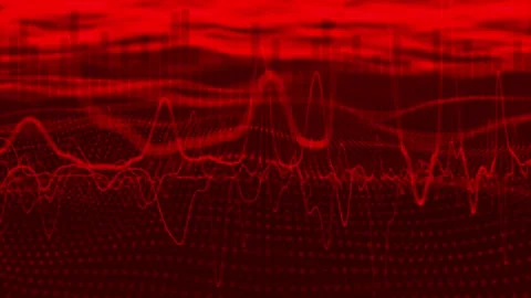Red digital waves lines oscillation pattern on dark background Stock Footage 338407419