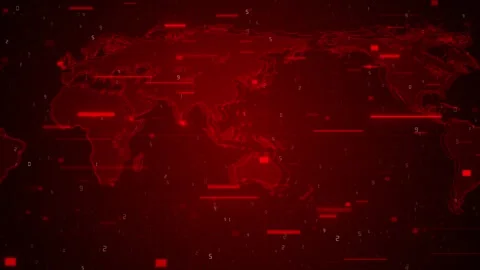 Red digital world map background grid lines, numbers, scanning blocks, cyber sty Stock Footage 340471336