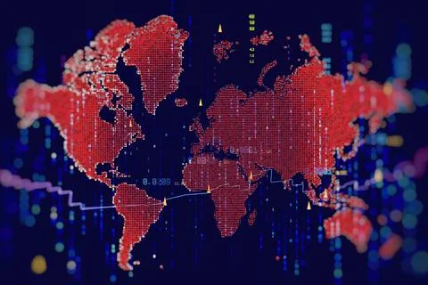 Red digital world map with glowing data dots, binary code rain and trend line 스톡 사진