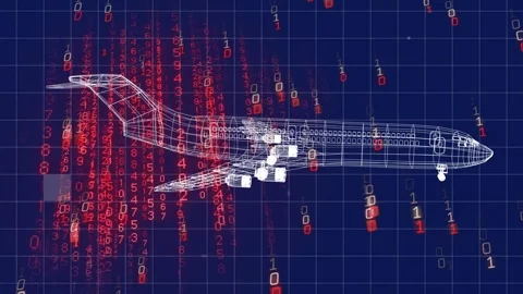 Red digits appearing left and driving wireframe jet rotating across grid, Stock Footage 332900166