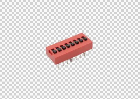 Red DIP switch with multiple black levers for computer hardware and electro.. Stock-Fotos