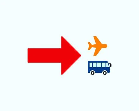 Red directional arrow pointing to airplane and bus icons for travel informati Stock-Illustration