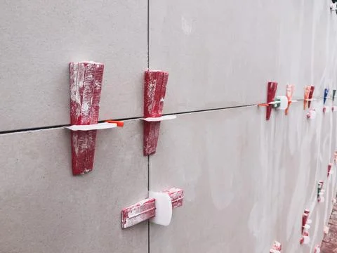 Red dirty tile clips used in making wall Foto stock