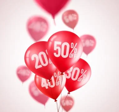 Red discount balloons vector design. Flying red balloons with 50 percent off Stock Illustration