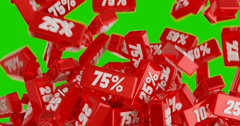 Red discount tags falling down,transition on a green background. Stock Footage 255708139