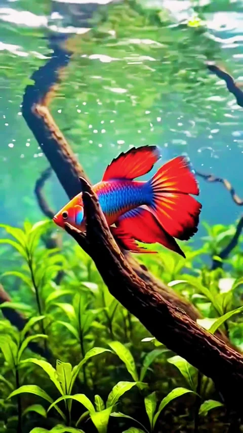 Red Discus Fish Exploring an Underwater Forest Stockbeeldmateriaal 337756550