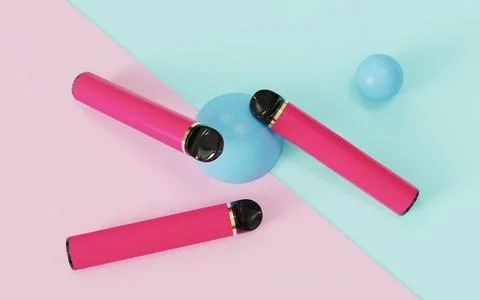 Red disposable electronic cigarette blue pink minimalist background Foto stock
