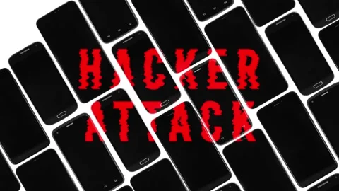 Red distorted text hacker attack on smartphones, seamless looping, title video Видео 130493868
