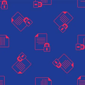 Red Document and lock icon isolated seamless pattern on blue background. File 스톡 일러스트