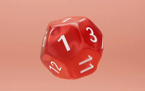 Red dodecahedral dice with white numbers on it, 3d rendering. Stock Illustration