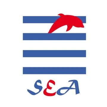 The red dolphin on blue waves and the word SEA Stock Illustration