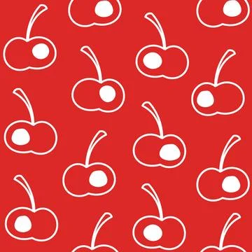 Red doodle seamless pattern with line art cherries. Vegan nutrition and texture Stock Illustration
