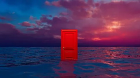 Red door emerging from the ocean under a dramatic sunset sky Stock Illustration