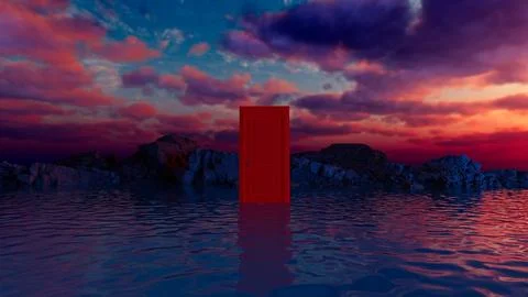 Red door emerging from water with dramatic sunset sky Stock Illustration