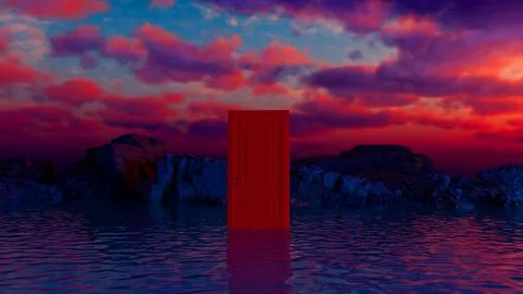 Red door emerging from water with dramatic sunset and rocks Stock Illustration
