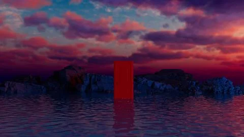 Red door emerging from the water with dramatic sunset and rocks Stock Illustration
