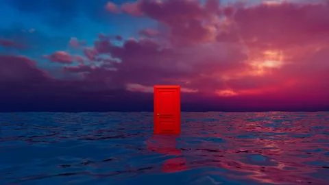 Red door floating on water under cloudy sunset sky, surreal concept 库存插图