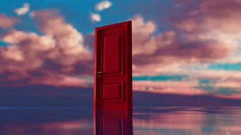 Red door floating on water under cloudy sky at sunset, surreal concept of 库存插图