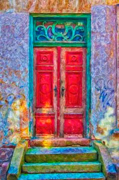 Red Door Green Frame digital painting Stock Illustration