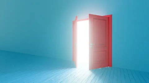 Red door opening to bright light in blue room Stock Footage 310791878