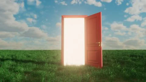 Red door opening to bright light in green field under cloudy sky Stock Illustration