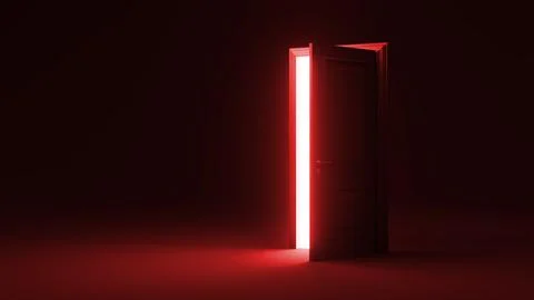 Red door opening to bright light in dark room Illustrazione stock