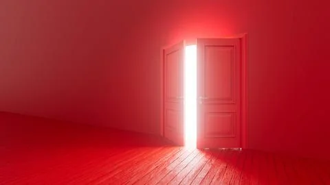 Red door opening to bright light in empty room Illustrazione stock