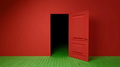 Red door opening into darkness in empty room with green floor Stock Illustration