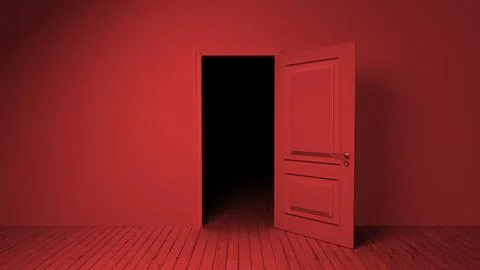 Red door opening into darkness in empty room with wooden floor Ilustración de archivo