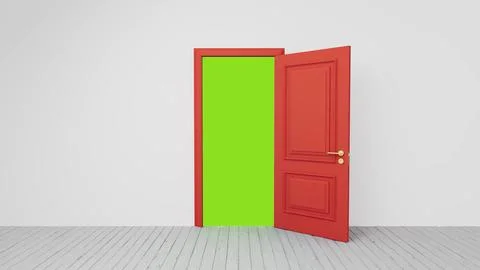 Red door opening to green screen background in white room Ilustración de archivo