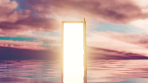 Red door opening on water with cloudy sky background Stock Footage 310790860