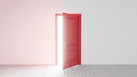 Red door opening on white background, revealing bright light Stock Footage 310792156