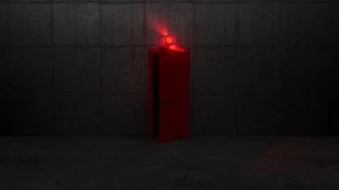 Red door partially open in dark concrete room with red light Illustrazione stock