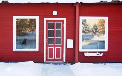 Red door in wintertime Stock Photos