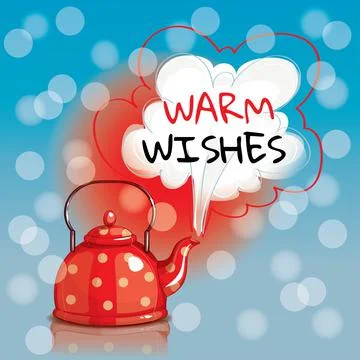 Red dotted bouiling kettle. Warm wishes Stock Illustration
