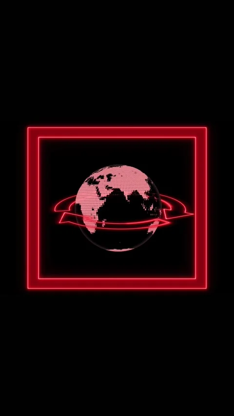 Red Dotted Globe with Red Orbiting Rings Within a Red Neon Square Frame ear.. Stock Footage 344730812